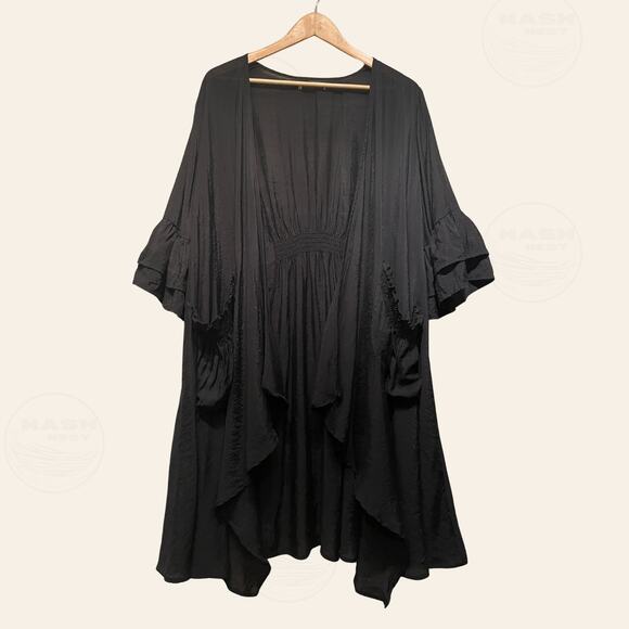 Mystical Avant Garde Black Duster Kimono | Smocked Waist Pockets Ruffle Art Wear - Picture 8 of 9
